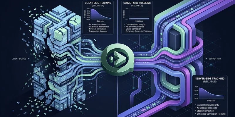 Diagram comparing client-side pixel data loss versus server-side tracking accuracy