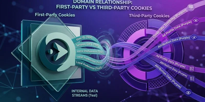 Technical diagram showing how first-party and third-party cookies are set and read by different domains
