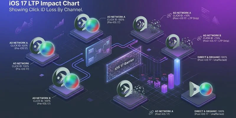Chart showing the percentage of mobile traffic affected by iOS 17 Link Tracking Protection across different marketing channels